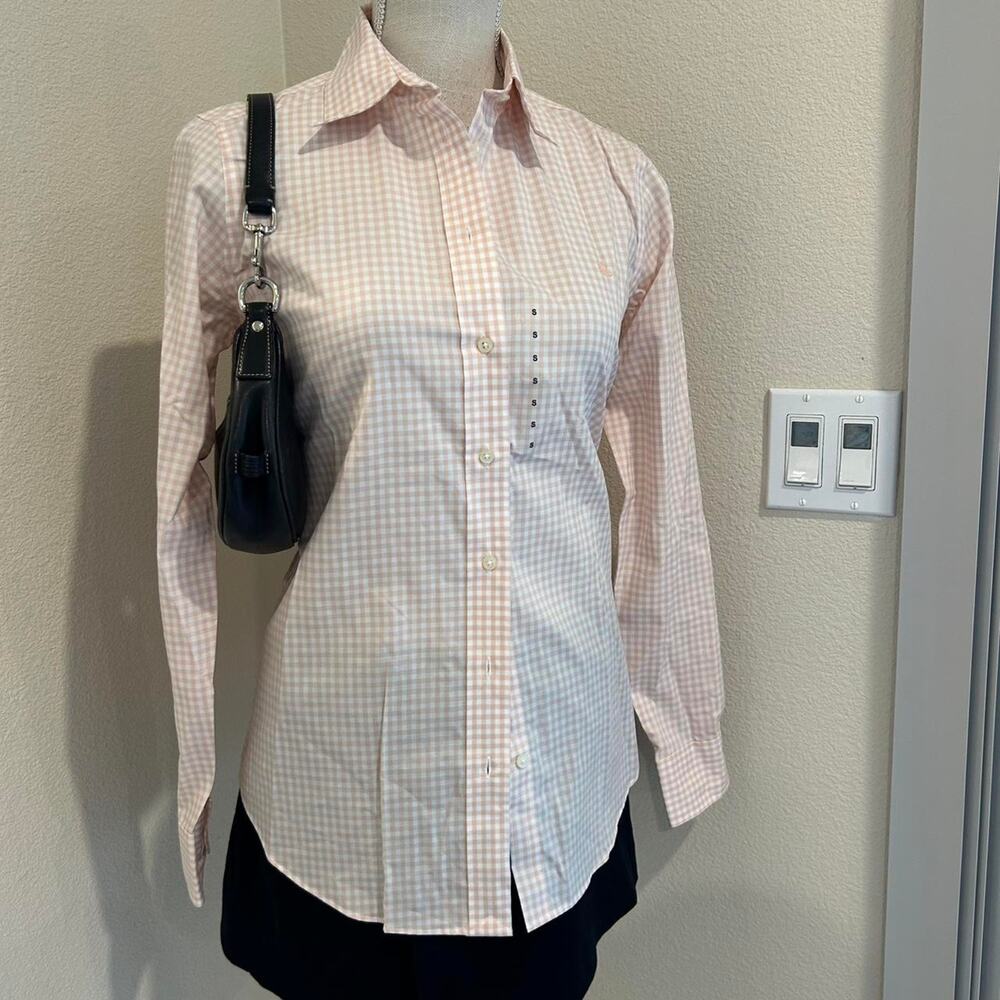 Ralph Lauren pink and white checkered button up blouse. Size small petite.
